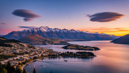 Sunset over Lake Wakatipu, Queenstown, New Zealandの素材
