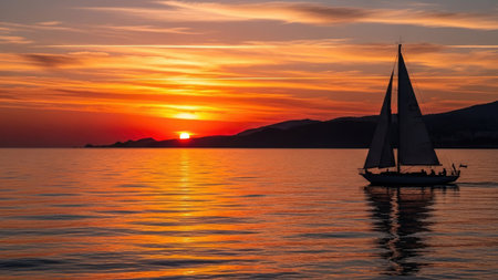 Sailing boat at sunset on the Adriatic Sea in Croatiaの素材