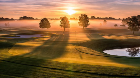 Golf course at beautiful sunrise with fog and tree silhouettes.の素材