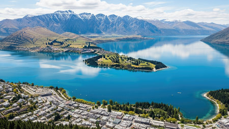 Panoramic view of Queenstown and Lake Wakatipu, New Zealandの素材