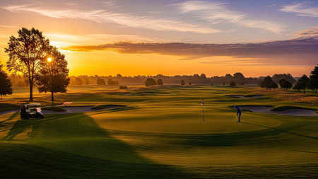 Golf course landscape at beautiful sunset. Sunset on the golf courseの素材