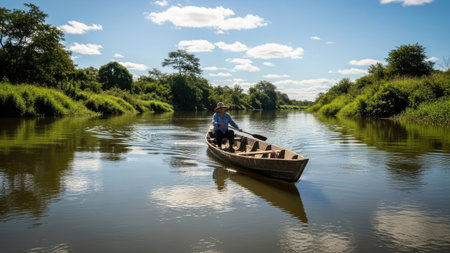 A man rowing a boat on a river in the countryside.の素材