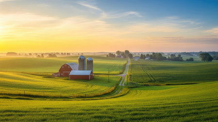 American Countryside at sunrise with a red barn in the foreground.の素材