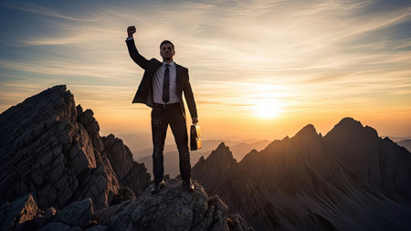 Successful businessman raising hand on top of a mountain and celebrating successの素材