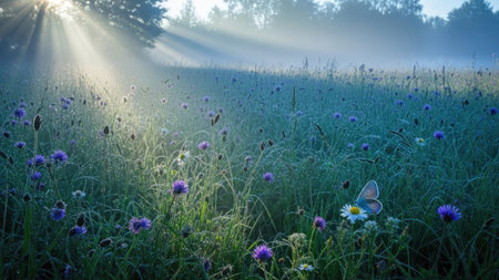 Beautiful meadow with cornflowers and butterfly at sunrise.の素材