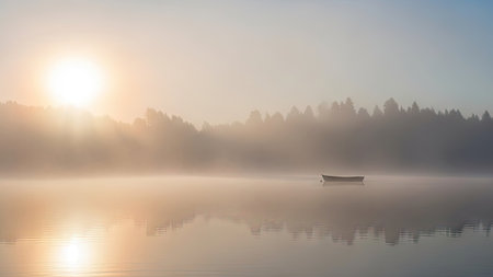Foggy morning on the lake with a boat in the foregroundの素材