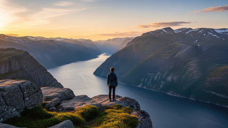 Tourism vacation and travel. Woman on Trolltunga, Norway Scandinavia.の素材