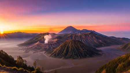 Bromo volcano at sunrise, Java island, Indonesia. Panoramaの素材