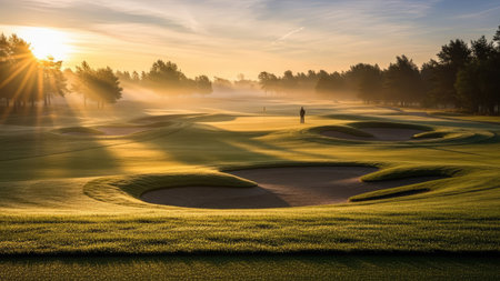 Golf course in the morning with sunbeams and fog.の素材
