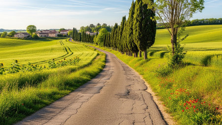 Countryside road in Tuscany with cypresses and green fieldsの素材