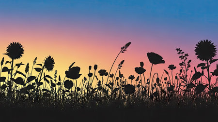 Silhouettes of grass and flowers against the background of the sunsetの素材