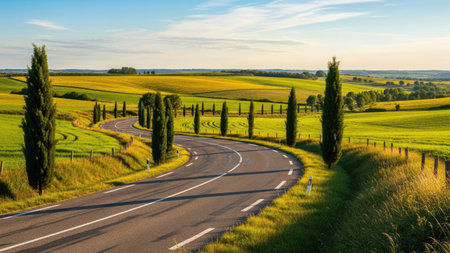 Country road in Tuscany with cypresses and blue skyの素材