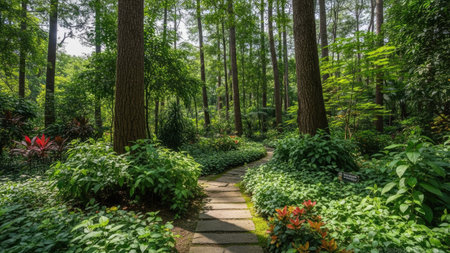 Pathway in a beautiful garden with trees and plants in the summerの素材