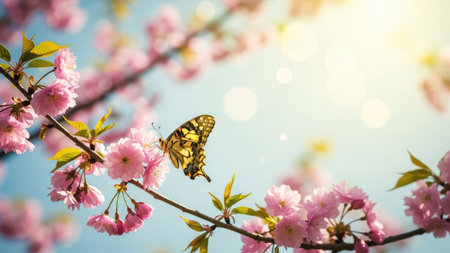 Butterfly on pink sakura blossom with sun flare.の素材