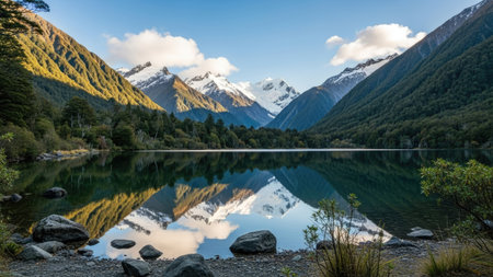 Natural landscape of New Zealand alpine lake and mountain range with reflectionの素材