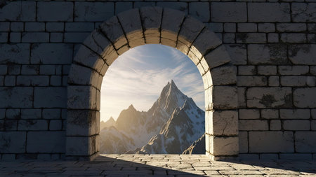 Mountain landscape through the arch of the stone wall. 3d renderの素材