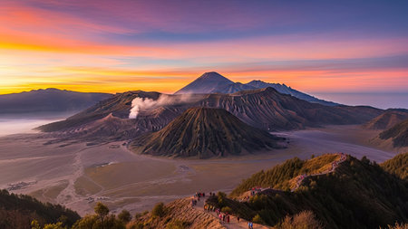 Bromo volcano at sunrise, Java island, Indonesia. Panoramaの素材