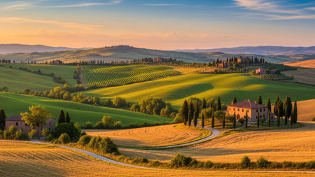 Tuscany landscape at sunrise, Val d'Orcia, Tuscany, Italyの素材