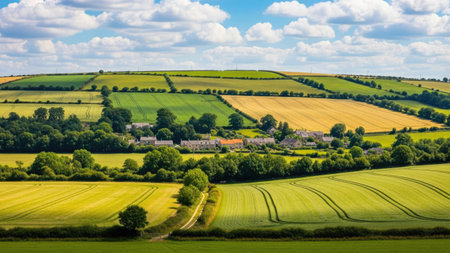 Aerial view of a rural landscape with fields and meadows.の素材