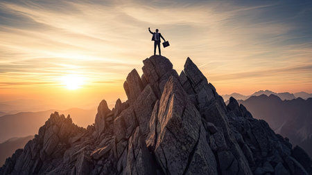 Businessman standing on top of a mountain and looking at the sunsetの素材