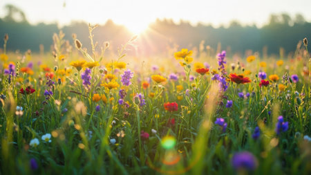 Sunset over the meadow with colorful wildflowers. Beautiful summer landscape.の素材