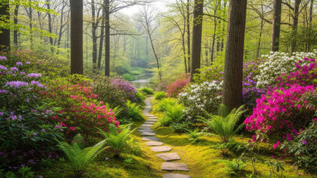 Rhododendron garden in spring, with path and flowersの素材