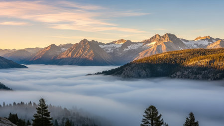 Mountain landscape with fog and clouds at sunrise, Banff National Park, Alberta, Canadaの素材