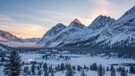 Mountains and lake in winter, Canadian Rockies, Alberta, Canadaの素材