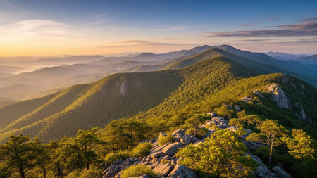 Mountain landscape at sunrise. View of the peak of the mountain.の素材
