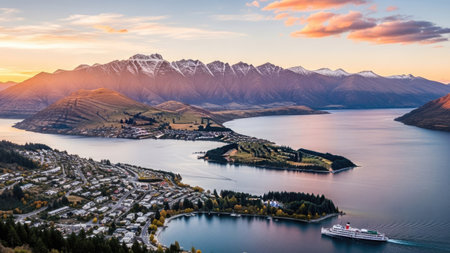 Lake Wakatipu at sunset, Queenstown, New Zealandの素材