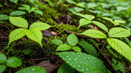 Water drops on green leaves after rain in forest. Nature background.の素材