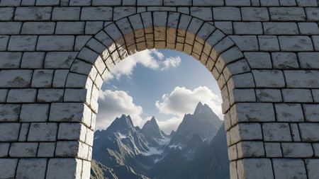 Stone wall with arch and mountains in the background, 3d renderの素材