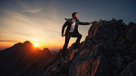 Young businessman standing on top of a mountain and looking to the sunsetの素材