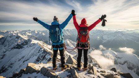 Climbers reaching the top of a mountain with their hands upの素材