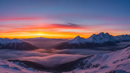 Sunset in the mountains. Panoramic view of the Alps.の素材