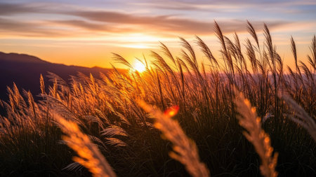 Sunset in the field of reed grass with mountain background.の素材