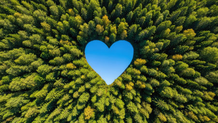 Aerial view of heart shaped hole in green forest. Heart shaped hole in the forest.の素材