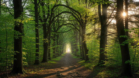 Sunlight in the green forest. Spring time. Panoramic image.の素材
