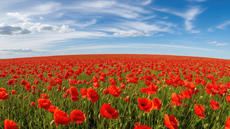 Field of poppies on a background of blue sky with cloudsの素材
