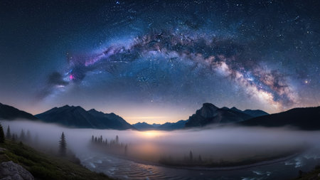 Milky Way over mountains and valley. Panoramic view.の素材