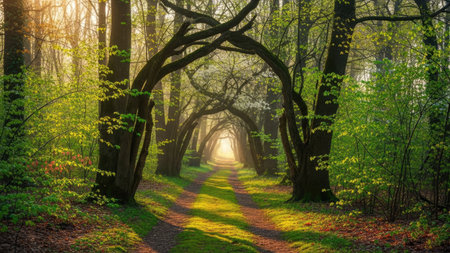 Sunset in the green forest with sun rays passing through the treesの素材