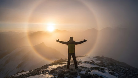 Silhouette of a man standing on the top of a mountain with his arms raised in the form of a rainbowの素材