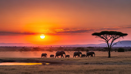 Sunset in Serengeti National Park, Tanzania, Africaの素材