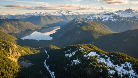 Aerial view of lake and mountains in Canadian Rockies, Alberta, Canadaの素材