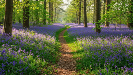Beautiful landscape image of bluebells in a sunny spring forestの素材