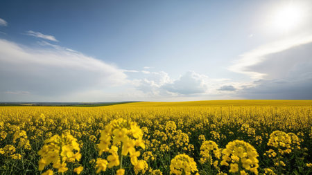 Blooming rapeseed field with blue sky and clouds on background.の素材