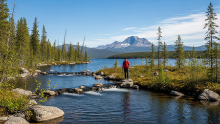 Mountain lake in the Polar Urals, Russia. The concept of active and photo tourismの素材