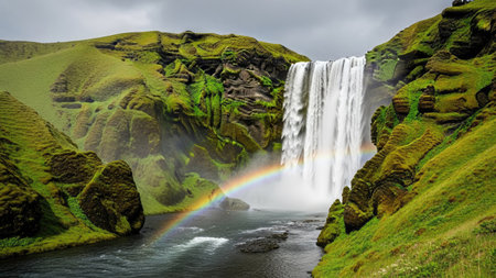 Seljalandsfoss waterfall in Iceland with rainbow in the skyの素材
