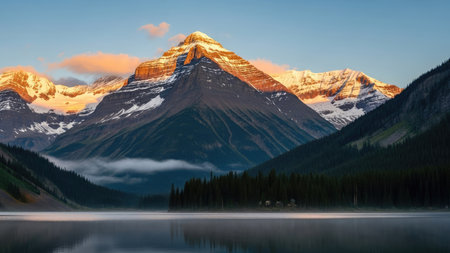 Sunrise at Banff National Park, Alberta, Canada.  The lake is surrounded by mountains and forests.の素材