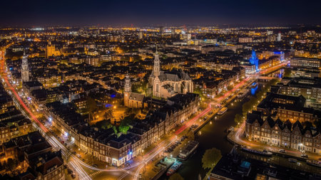 Aerial view of the city of Ghent at night, Belgiumの素材